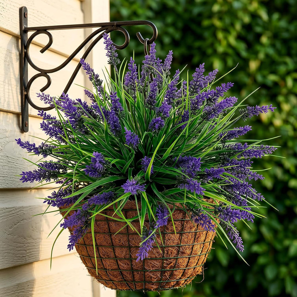 12Pcs Artificial Fake Flowers Monkey Grass for Outdoors, UV Resistant Realistic No Fade Faux Greenery Plants with Purple Flowers for Planter Home Garden Porch Patio Window Box