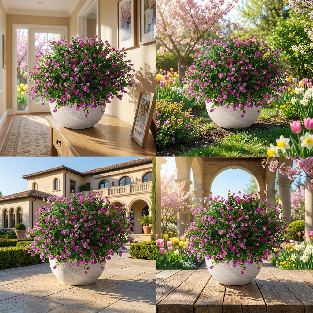 Artificial Flowers Outdoor Fake Plants with Eucalyptus Leaves- 12 Bundles UV Resistant Faux Plastic Greenery for Home, Garden, Porch, and Patio Decoration (Magenta)