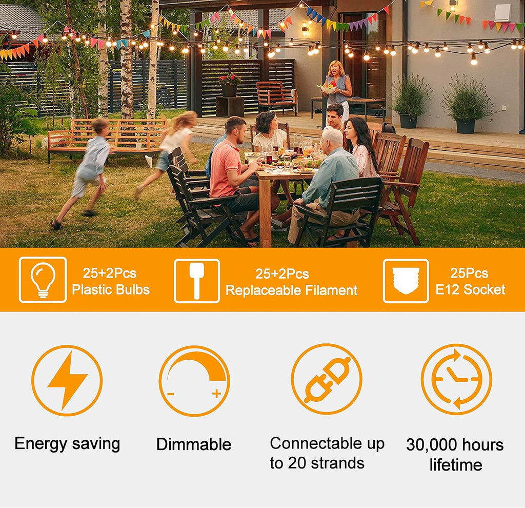 ZOTOYI Outdoor String Lights 50 FT, Patio Bulbs with 27 LED Plastic Edison ST38 Bulbs (2 Spare), Waterproof IP65 Outdoor Hanging Lights for Garden, Backyard, Cafe, Porch, Gift, Gazebo - Dimmable 2700K