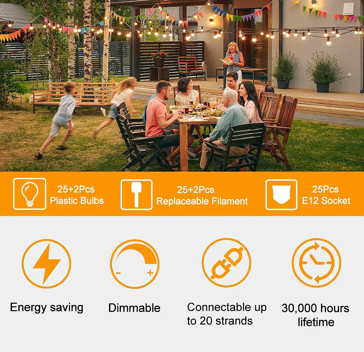 ZOTOYI Outdoor String Lights 50 FT, Patio Bulbs with 27 LED Plastic Edison ST38 Bulbs (2 Spare), Waterproof IP65 Outdoor Hanging Lights for Garden, Backyard, Cafe, Porch, Gift, Gazebo - Dimmable 2700K
