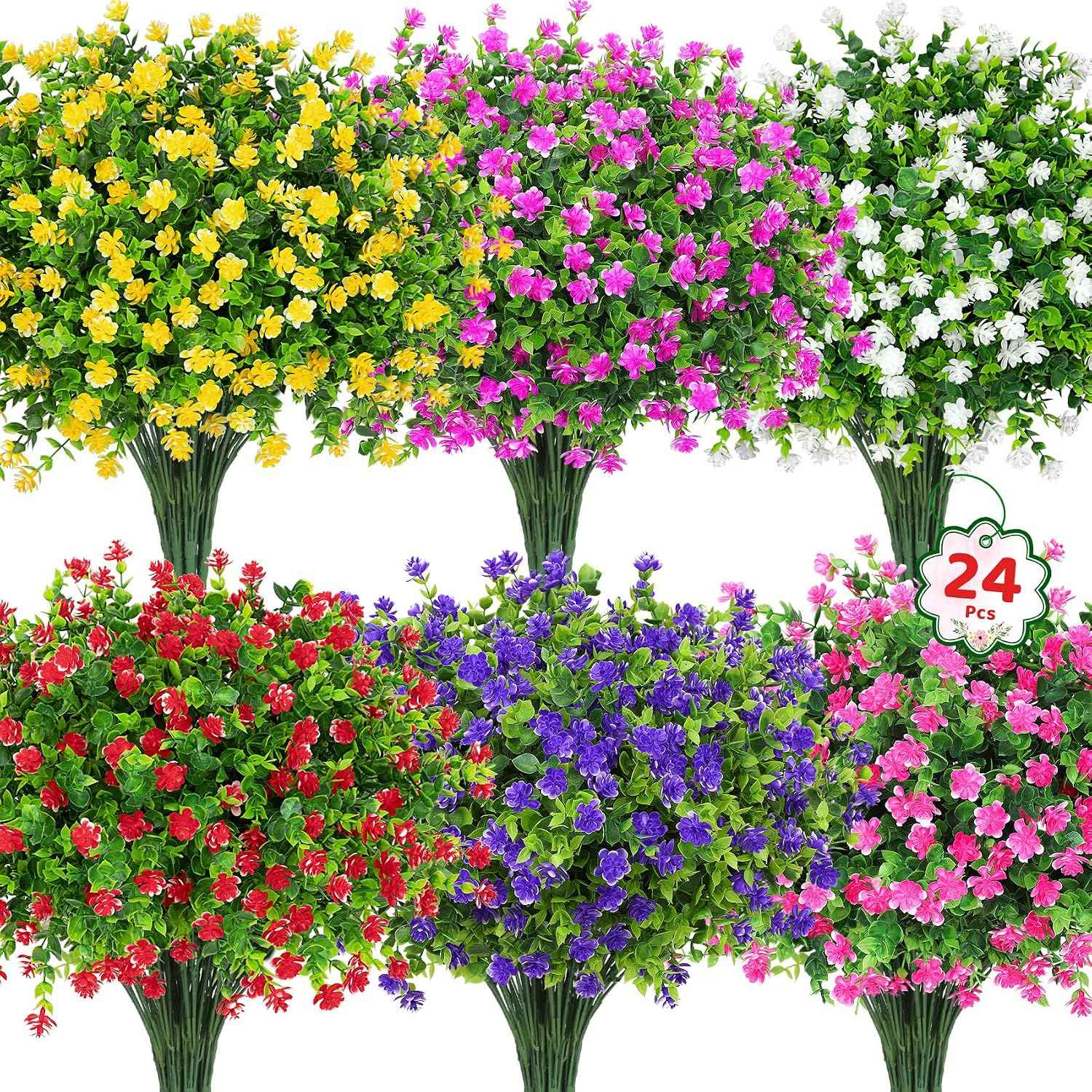 Roberly 24 Bundles Artificial Flowers for Outdoors Fake Plants, Mixed | Faux flowers, eucalyptus plants, plastic greenery shrub, UV resistant, window box garden porch farmhouse decorations