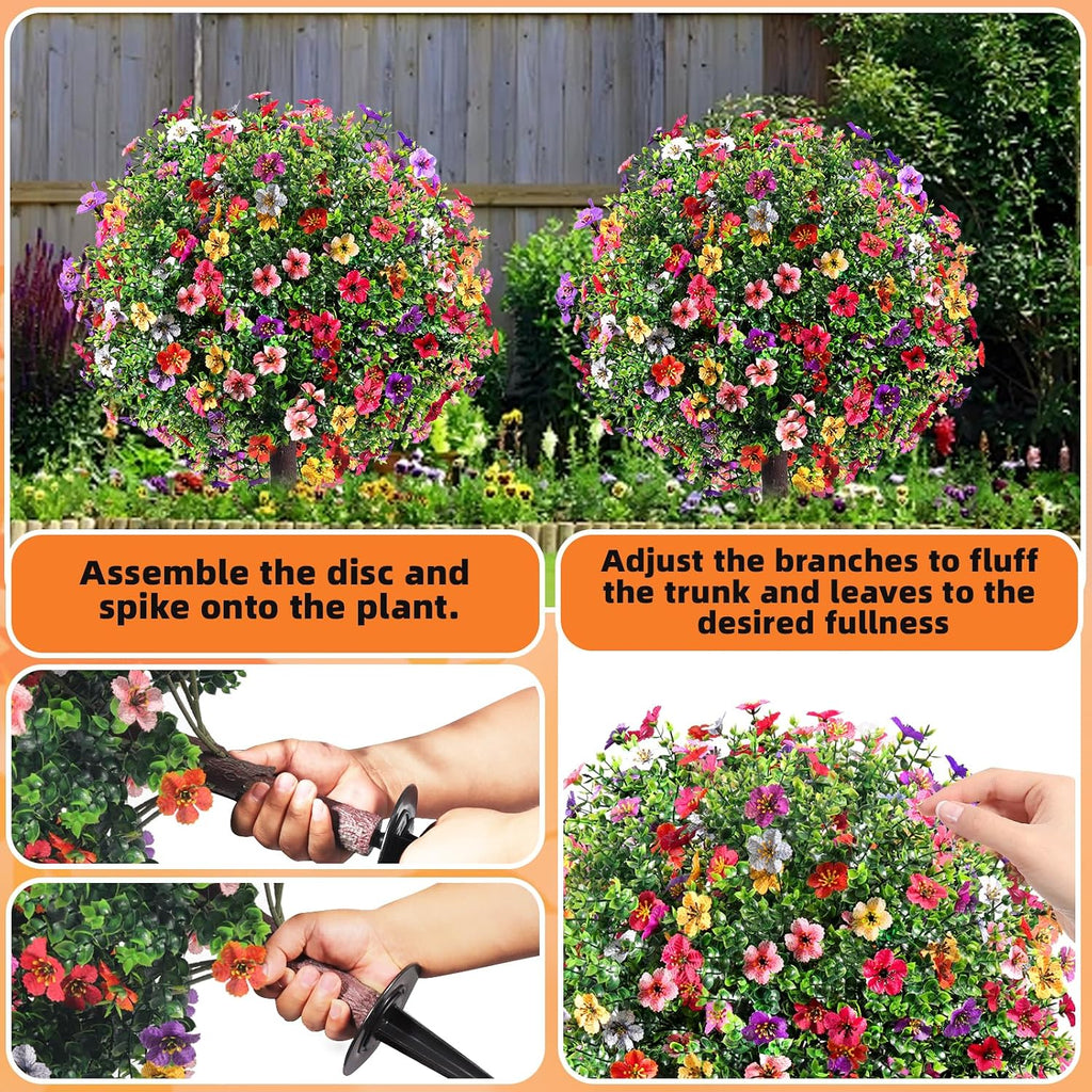 27.5" Artificial Flowers Boxwood Topiary Ball Tree Set of 2, UV Resistant Fake Bushes Shrubs with Ground Spike, Faux Evergreen Tree for Front Porch Outdoor Garden Decor