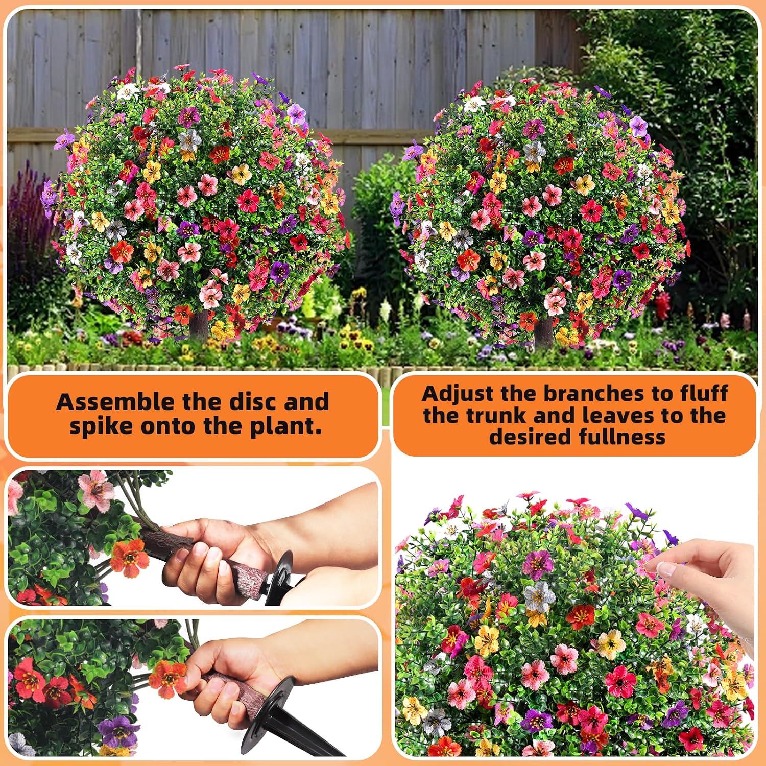 27.5" Artificial Flowers Boxwood Topiary Ball Tree Set of 2, UV Resistant Fake Bushes Shrubs with Ground Spike, Faux Evergreen Tree for Front Porch Outdoor Garden Decor