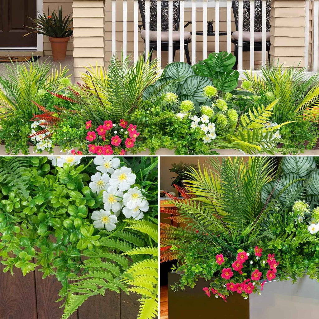 20 Pcs Artificial Plants Outdoor Fake Greenery Stems Plants | UV resistant, realistic boston fern, faux shrubs, plastic plants, indoor outdoor garden porch planter window box home decor