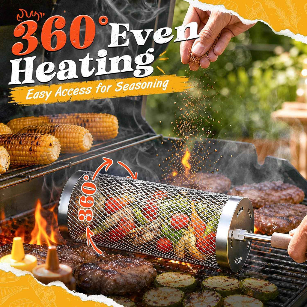 Rolling Grill Basket, Grilling Accessories 2 Pack, Gifts for Men | 304 Stainless Steel, Removable Wooden Handle, BBQ Grill for Vegetable, Outdoor Cooking, Birthday Gifts for Men Dad Husband