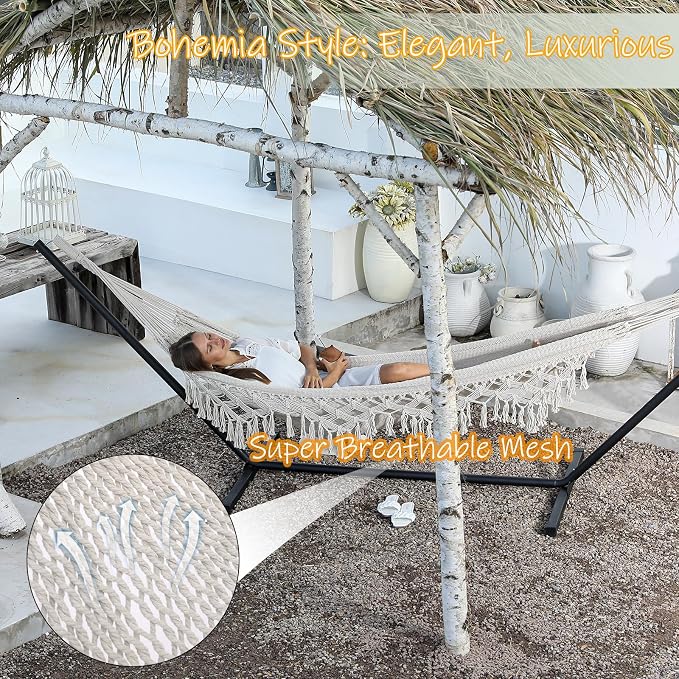 ZEAN Handwoven Hammock with Tassels by Thick Cotton Rope XL Two Person Hammock - Image 2