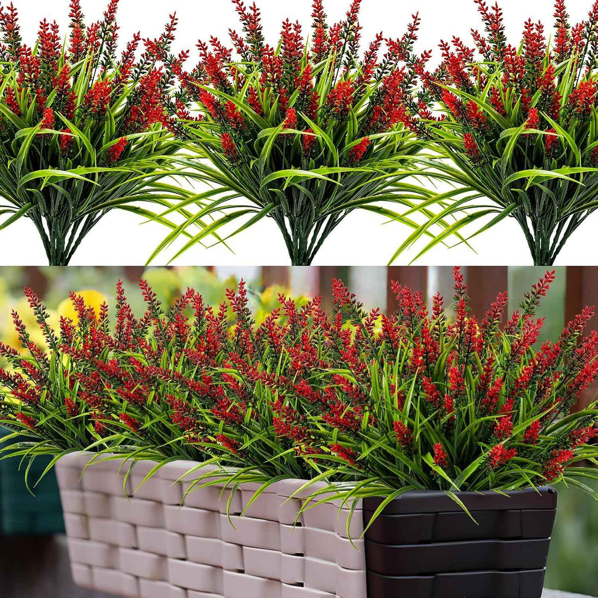 Artificial Flowers for Outdoor Plants 24Bundles Fake Lavender UV Resistant | Realistic Plastic Faux Monkey Grass for Greenery Outdoor Artificial Plants Garden Patio Front Porch for Decor (Red)
