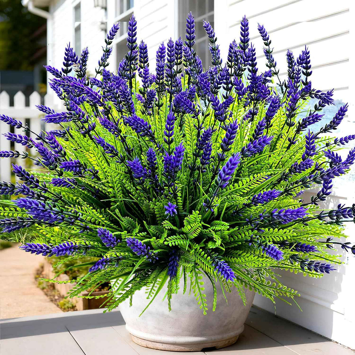 Artificial Plants Outdoor Faux Plants UV Resistant, 17.8" Realistic Faux Artificial Flowers Outdoor Fake Lavender with Monkey Grass Plastic Greenery Shrubs for Porch Garden Patio Window Box