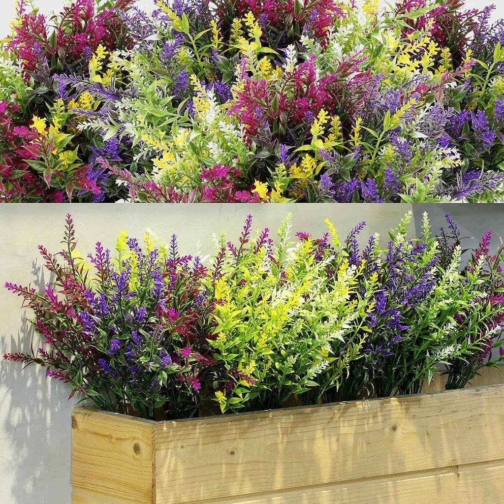 Xinnun 24 Bundles Artificial Flowers for Outdoors Faux Lavender Plants for Window Boxes Fake Plants Monkey Grass UV Resistant Plastic Shrubs Greenery for Home Garden Patio Front Porch Courtyard Decor