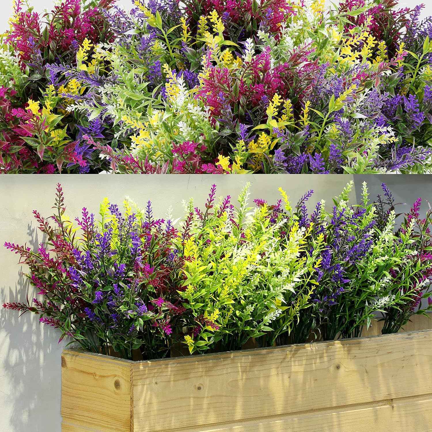 Xinnun 24 Bundles Artificial Flowers for Outdoors Faux Lavender Plants for Window Boxes Fake Plants Monkey Grass UV Resistant Plastic Shrubs Greenery for Home Garden Patio Front Porch Courtyard Decor