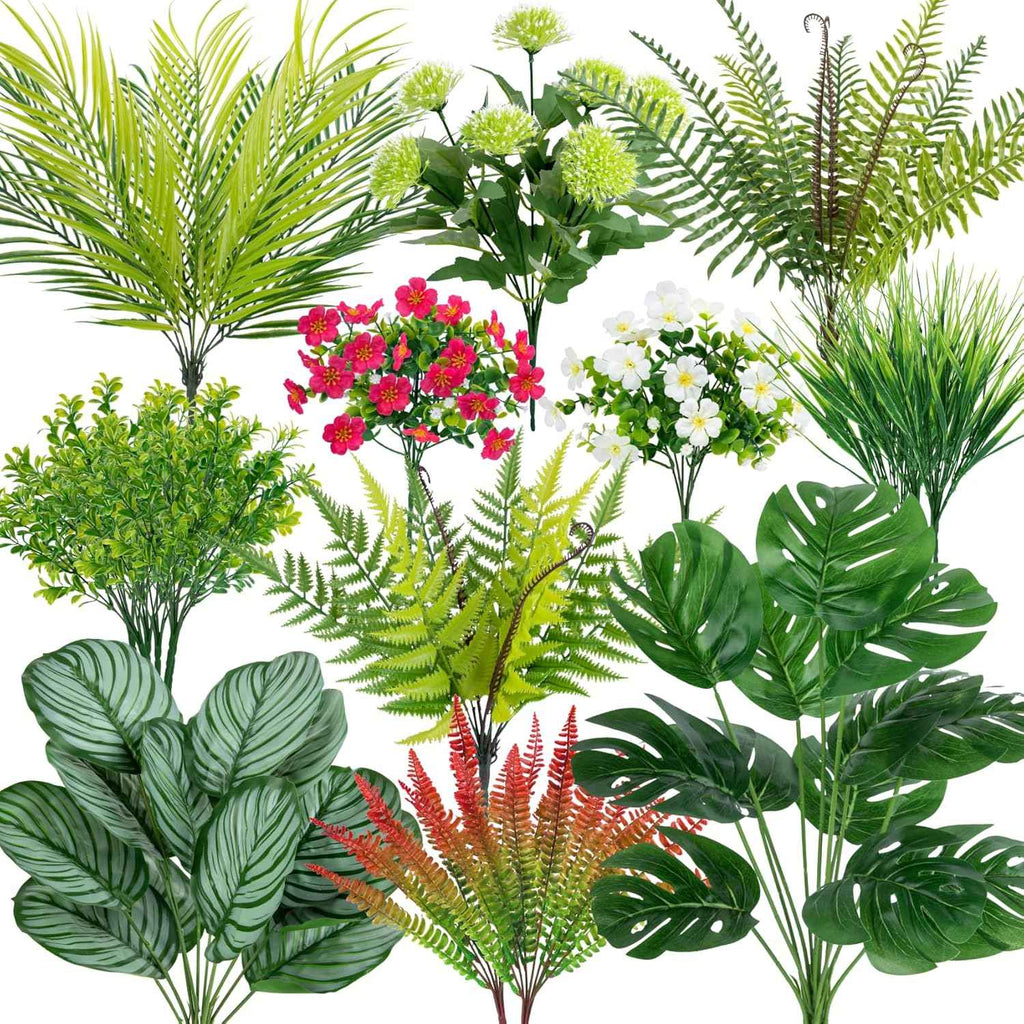 20 Pcs Artificial Plants Outdoor Fake Greenery Stems Plants | UV resistant, realistic boston fern, faux shrubs, plastic plants, indoor outdoor garden porch planter window box home decor