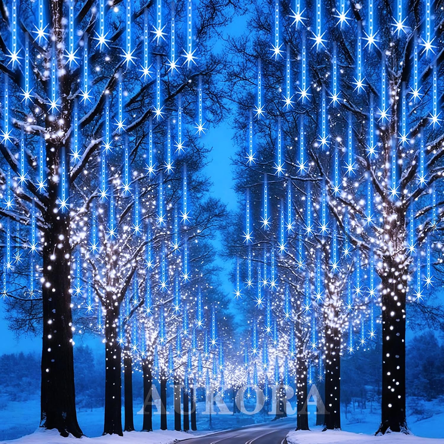 Aukora Christmas Lights Outdoor, UL Certified Blue Meteor Shower Lights | 8Tubes 192LED Falling Rain Drop Snow Icicle String Lights, Decor for Xmas Tree Party Wedding Holiday Yard Backyard Patio