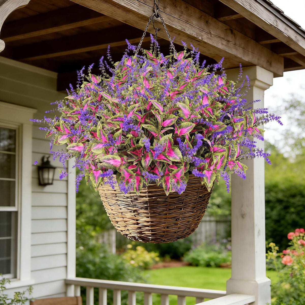 Artificial Outdoor Plants, 20 Bundles Faux Plants for Outdoor Planters, Realistic Coleus Greenery with Purple Flowers, UV Resistant for Porch Patio Garden Decor