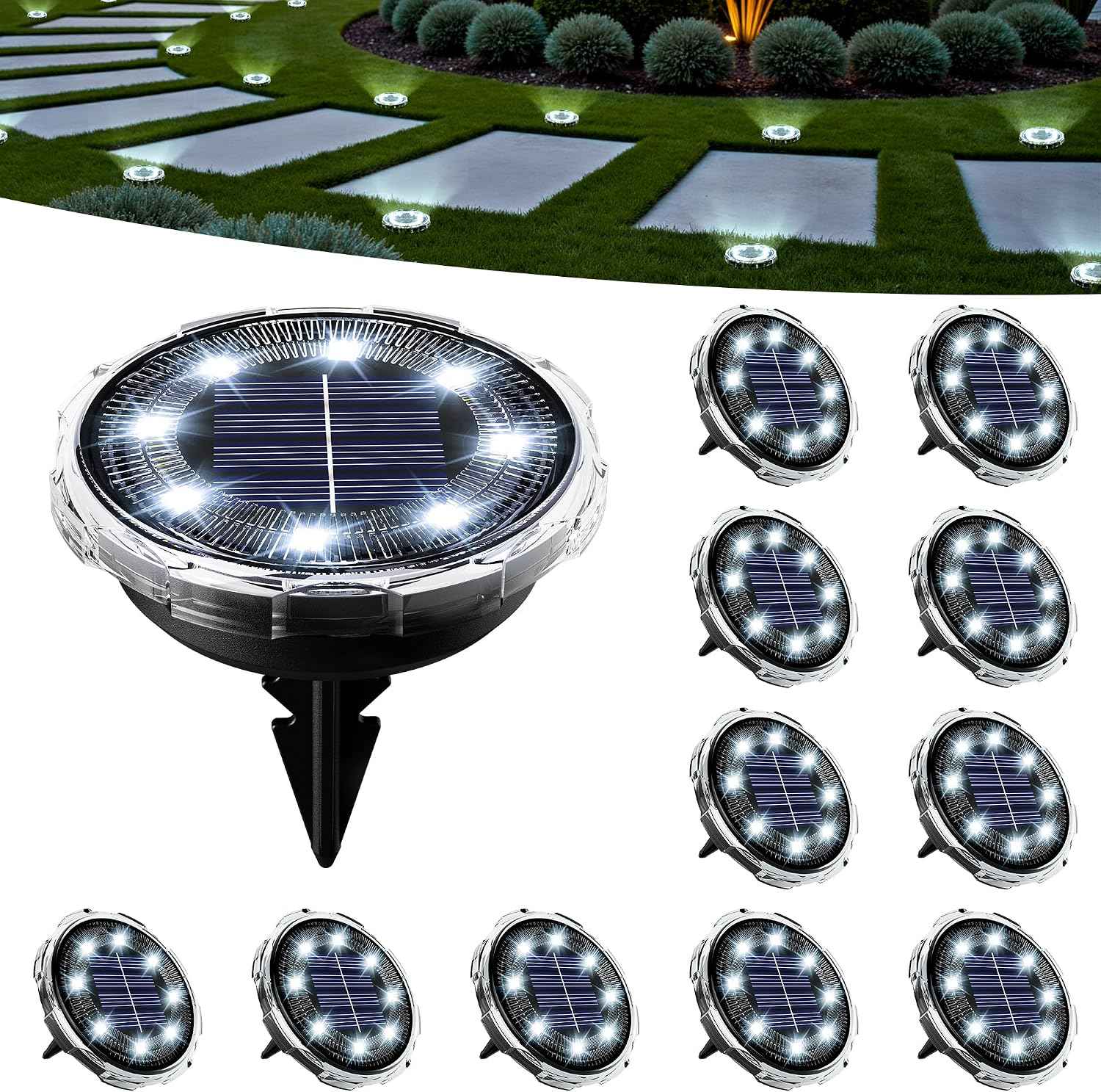 SOLPEX Solar Ground Lights Outdoor, Pathway Lights 12 Pack Cool White | IP65 Waterproof Landscape Lighting for Walkway, Driveway, Pathway, Garden, Backyard Decor- Transparent Lampshade