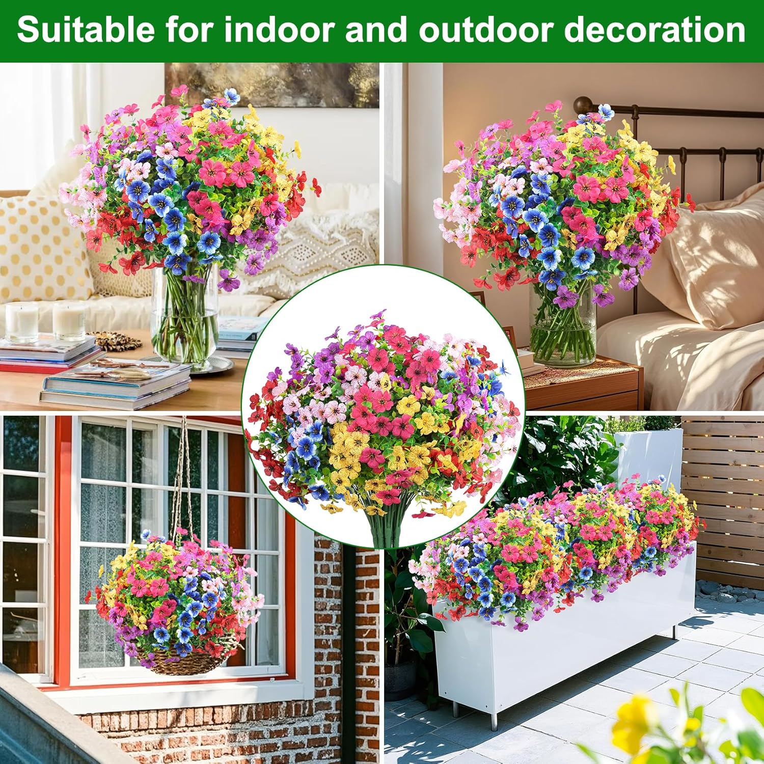 Ouddy Decor 24 Pcs Artificial Flowers for Outdoors Decorations, Multicolor | Colorful lifelike flowers, UV resistant, faux plastic plants, for garden porch window table vase home indoor outdoor decor