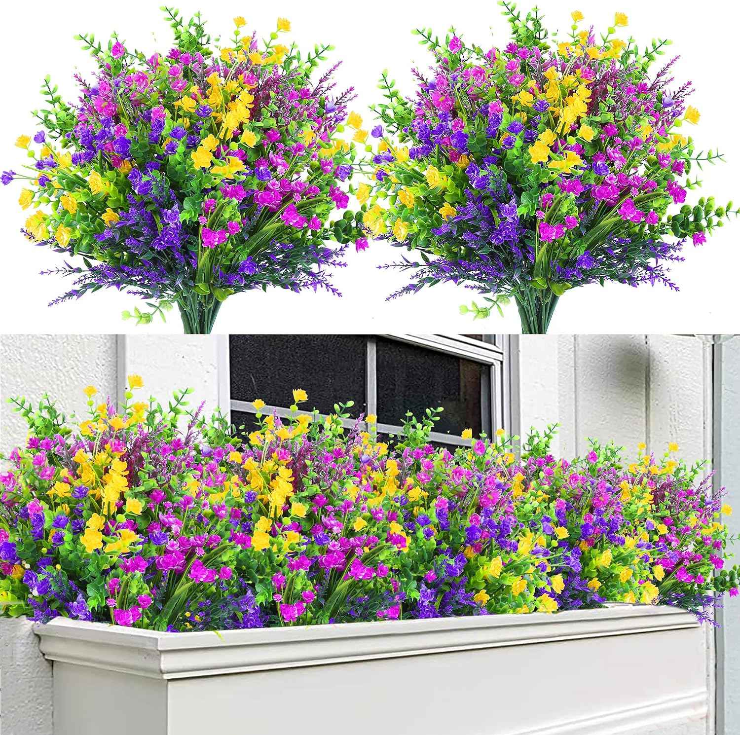 Sggvecsy Artificial Flowers for Outdoors 24 Bundles UV Resistant Boxwood Shrubs Artificial Eucalyptus Fake Plants Faux Plastic Greenery for Farmhouse Garden Indoor Outdoor Home Decoration（Mixed color）