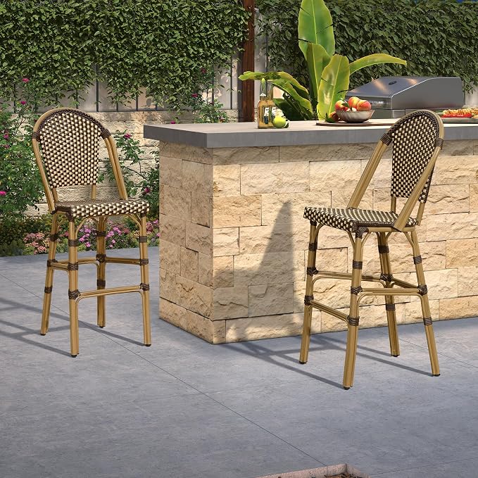 PURPLE LEAF French Bar Stool Set of 4 Bamboo Print Finish Patio Bar Stools - Image 3