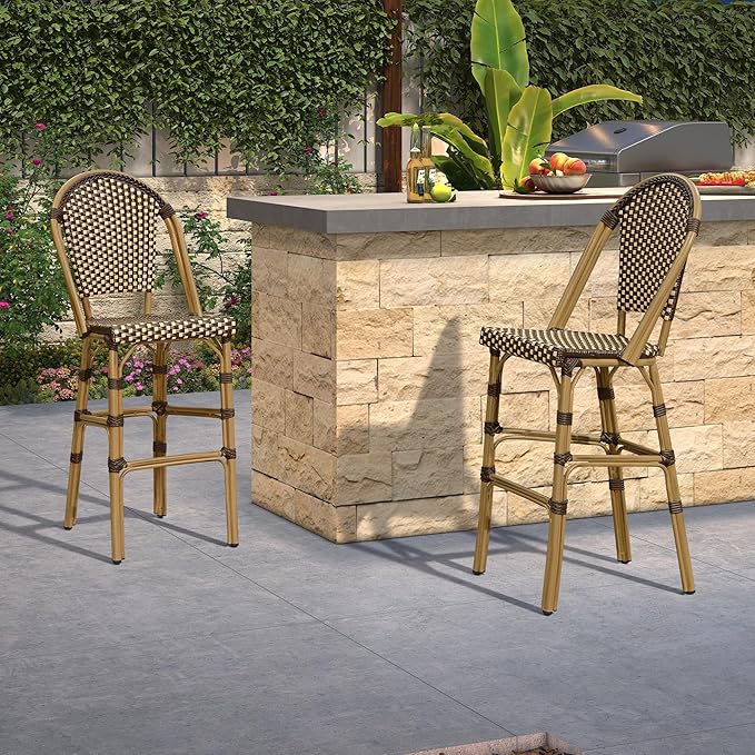 PURPLE LEAF French Bar Stool Set of 2 Bamboo Print Finish Patio Bar Stools - Image 2