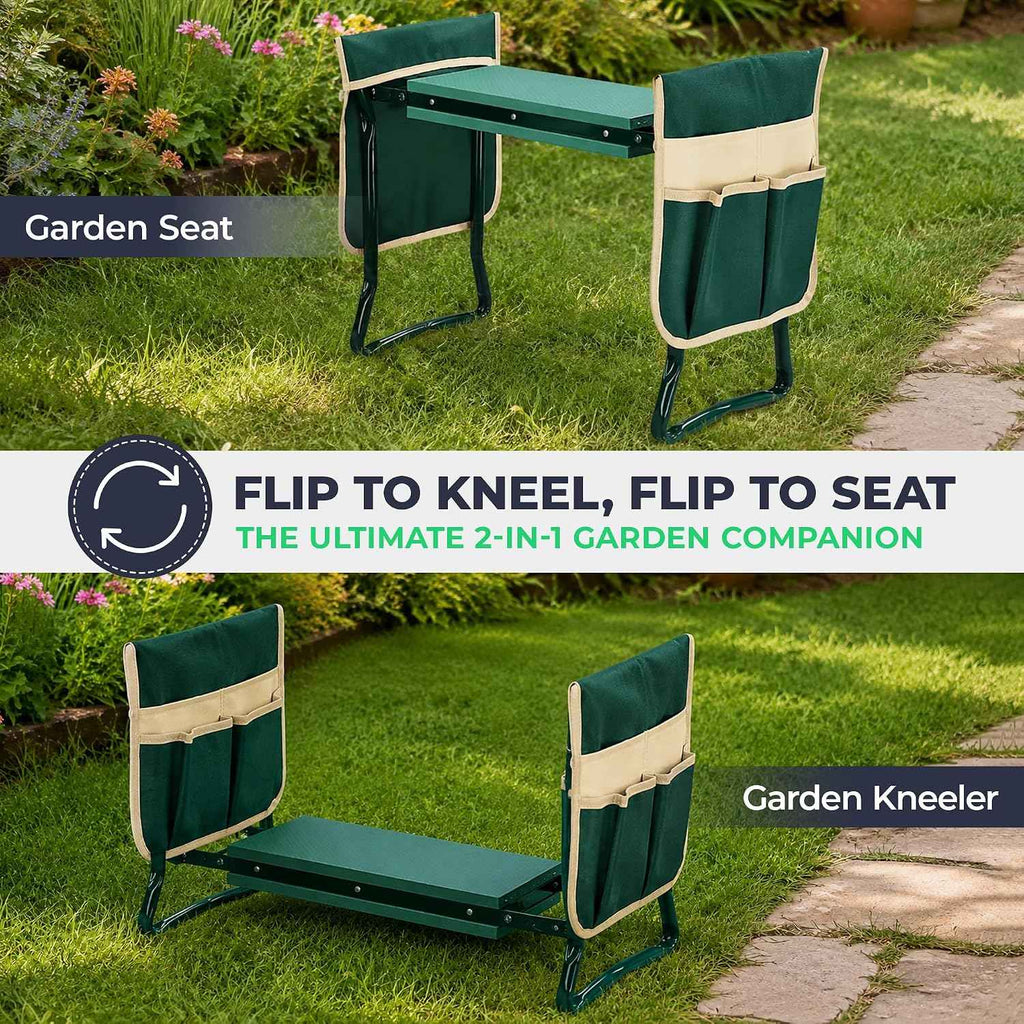 Flora Foldable Garden Kneeler and Seat – Heavy Duty Gardening Bench with Extra-Wide Soft Pad & 2 Tool Pouches – Durable Steel Frame Supports 330lbs, Perfect Gardening Gifts for Seniors, Women & Men