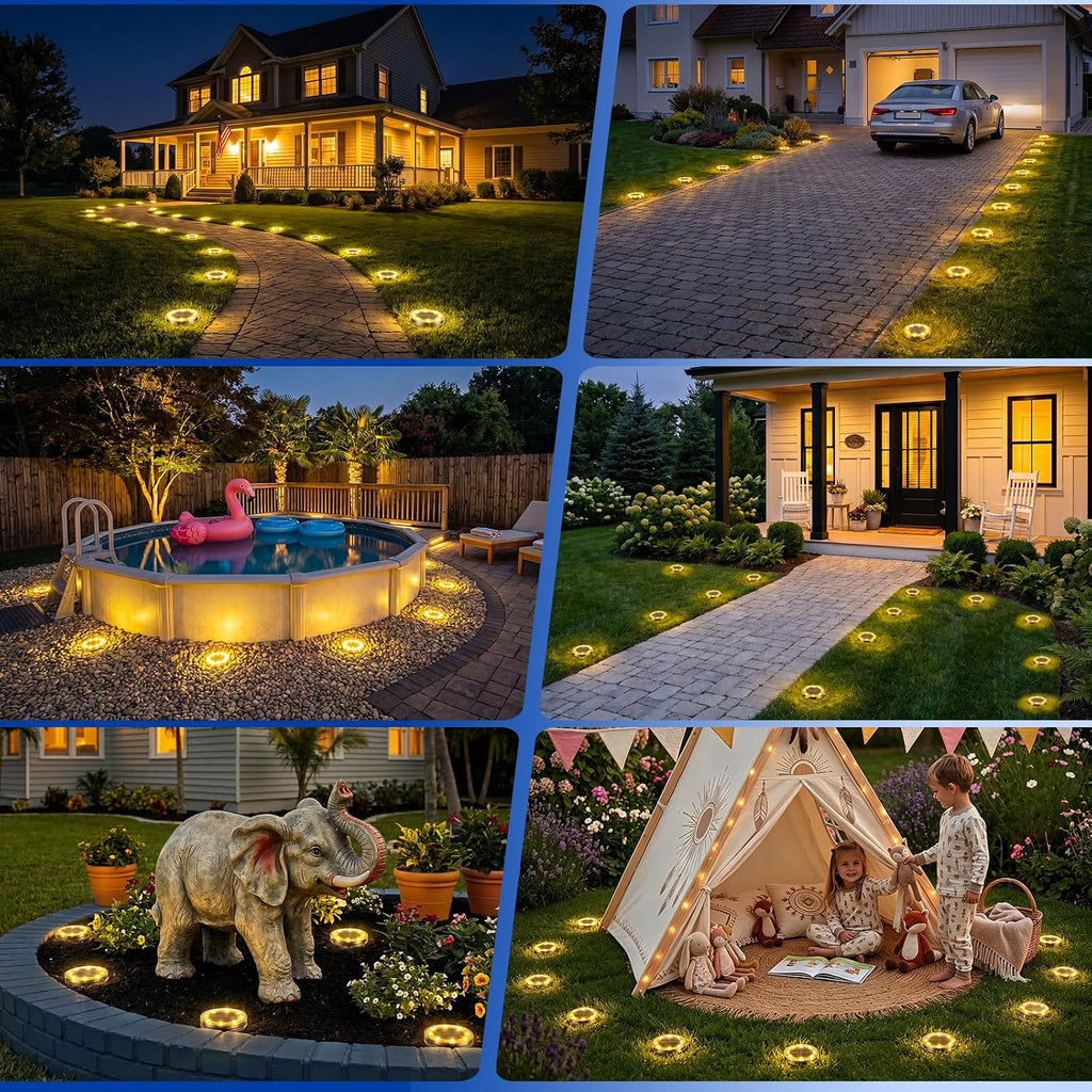 Peasur Solar Ground Lights Outdoor Anti-Rust Disk Lights, 16pack Warm White | IP68 Waterproof, 8 LED Flat Solar Lights Auto ON/OFF Solar Garden Lights for Walkway Driveway Yard Pathway Landscape Lighting