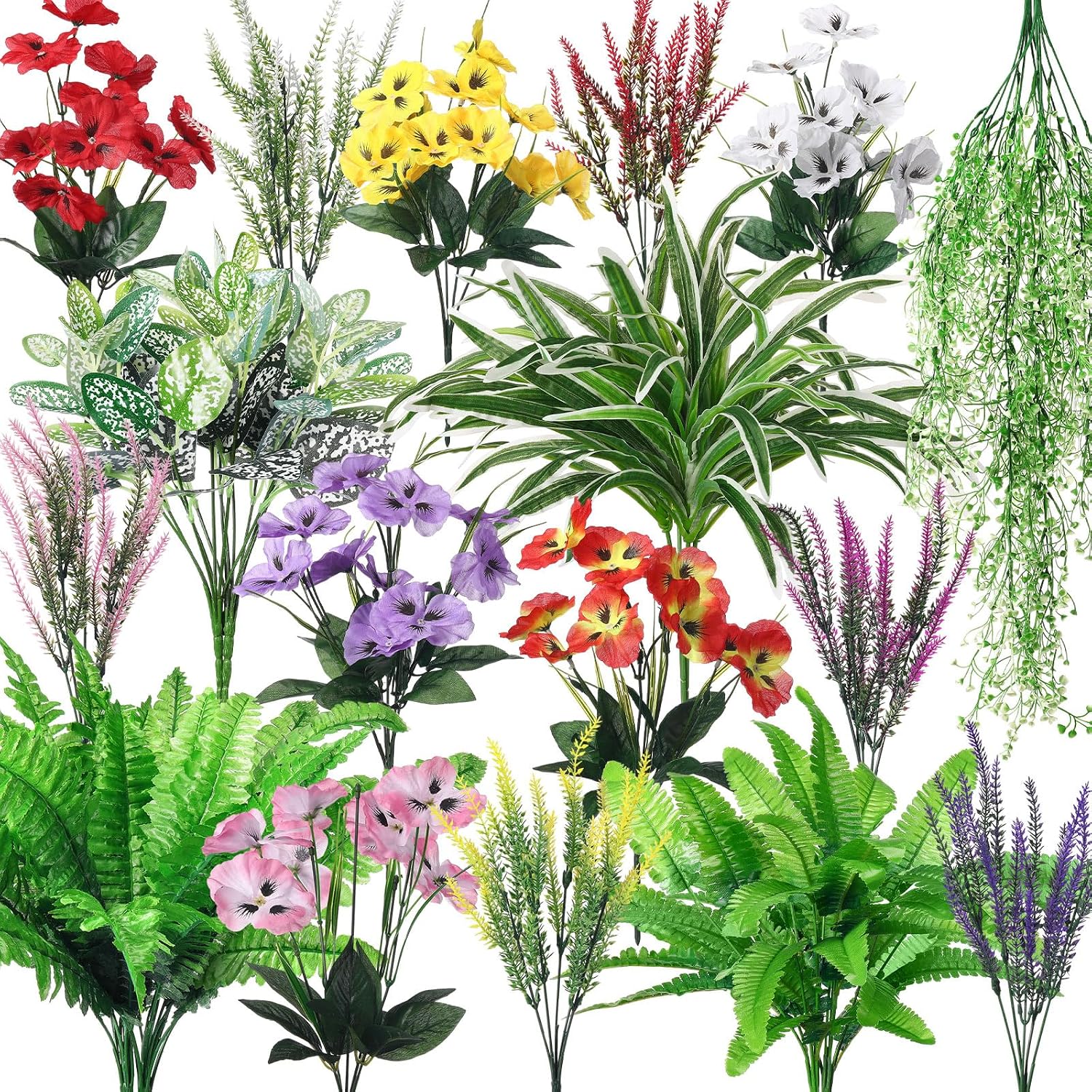 Daifunli 24 Pcs Artificial Plants for Outdoor, Fake Flowers Greenery UV Resistant Faux Plant Stems Shrubs Hanging Porch Patio Garden Window Box Home Wedding Summer Spring Decor(Mix Color)