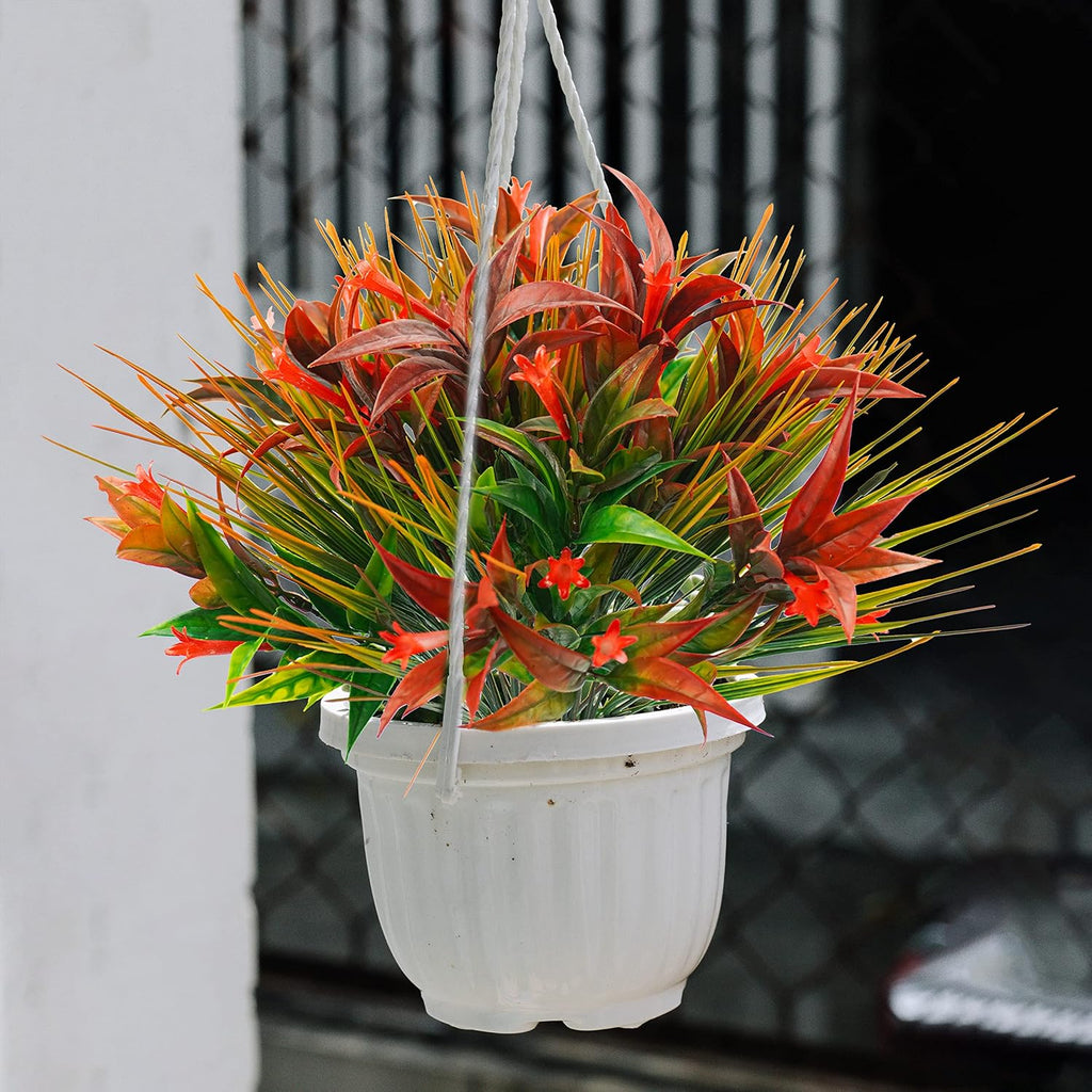 Uieke 6Pcs Outdoor Artificial Plants UV Resistant, Fake Morning Glory Flowers with Orange Grass, Tropical Flowers Fall Leaves Foliage for Garden Patio Sidewalk Décor Red