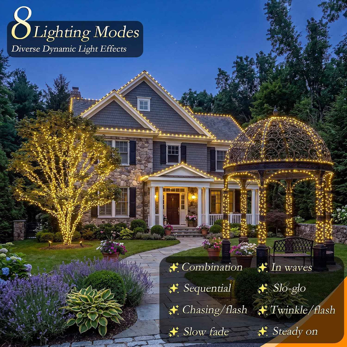 264FT 800 LED Outdoor String Lights Plug in IP67 Waterproof Twinkle Lights with Remote Dimmable 8 Modes Warm White Decorative Lights for Outside Backyard Porch Summer Christmas