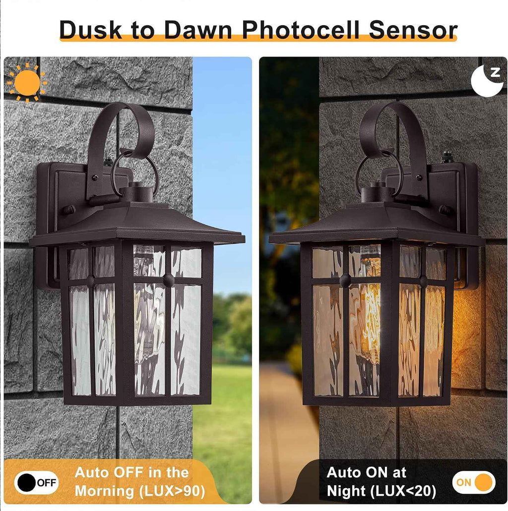 2 Pack Dusk to Dawn Outdoor Wall Lights, Brown Porch Lanterns | Aluminum Garage Light, Ripple Glass, Weather Resistant, For Garage Patio Entryway