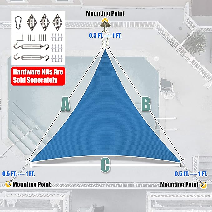 Amgo Custom Size 10' x 10' x 10' Blue Triangle Sun Shade Sail UPF50+ AGTAPRT12 - Image 8