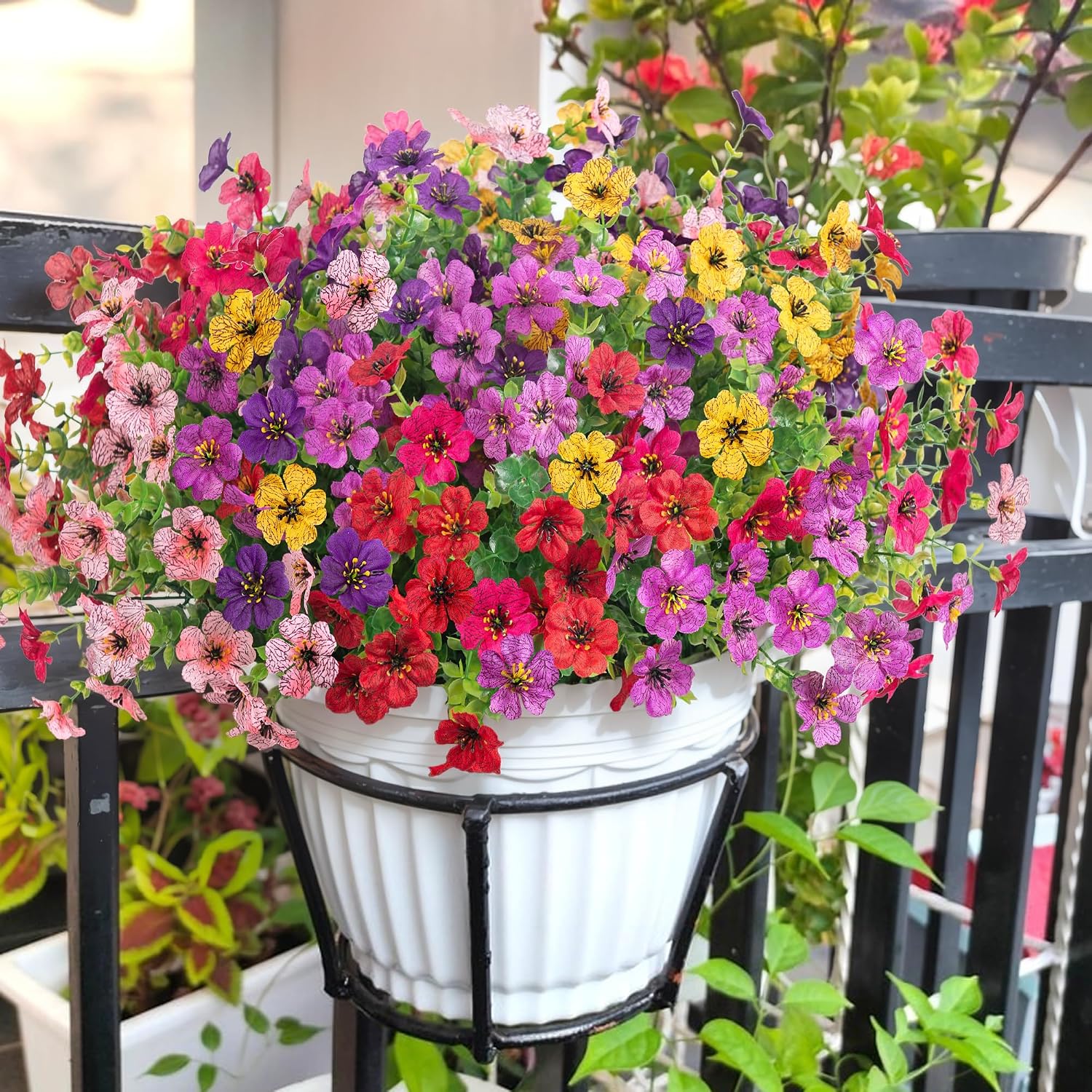 HyeFlora Artificial Flowers for Outdoor Indoor Garden Home Decoration, Faux Flower Daisy with Eucalyptus Leaves Fake Plants Greenery Boxwood Porch Patio, 12 Bundles (6 Multicolor)