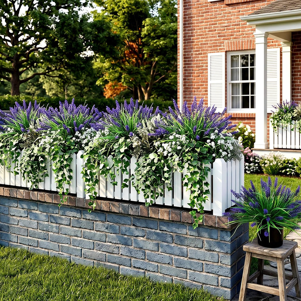 12Pcs Artificial Fake Flowers Monkey Grass for Outdoors, UV Resistant Realistic No Fade Faux Greenery Plants with Purple Flowers for Planter Home Garden Porch Patio Window Box