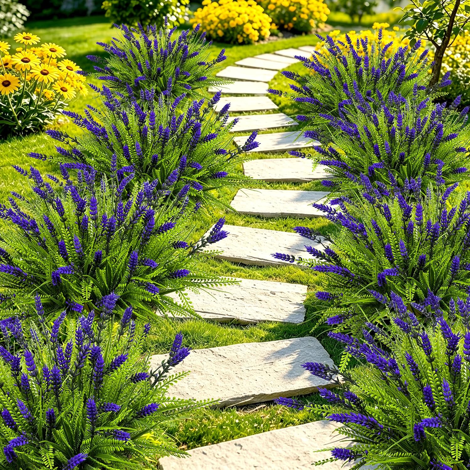 Artificial Plants Outdoor Faux Plants UV Resistant, 17.8" Realistic Faux Artificial Flowers Outdoor Fake Lavender with Monkey Grass Plastic Greenery Shrubs for Porch Garden Patio Window Box