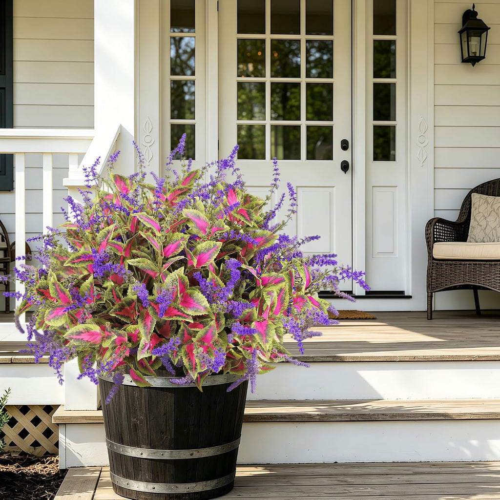 Artificial Outdoor Plants, 20 Bundles Faux Plants for Outdoor Planters, Realistic Coleus Greenery with Purple Flowers, UV Resistant for Porch Patio Garden Decor