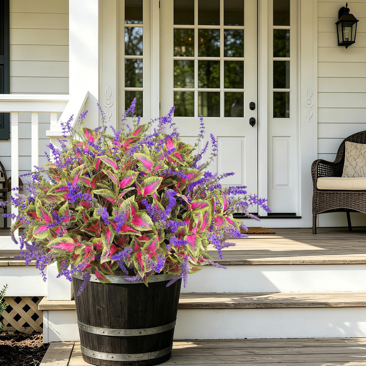 Artificial Outdoor Plants, 20 Bundles Faux Plants for Outdoor Planters, Realistic Coleus Greenery with Purple Flowers, UV Resistant for Porch Patio Garden Decor