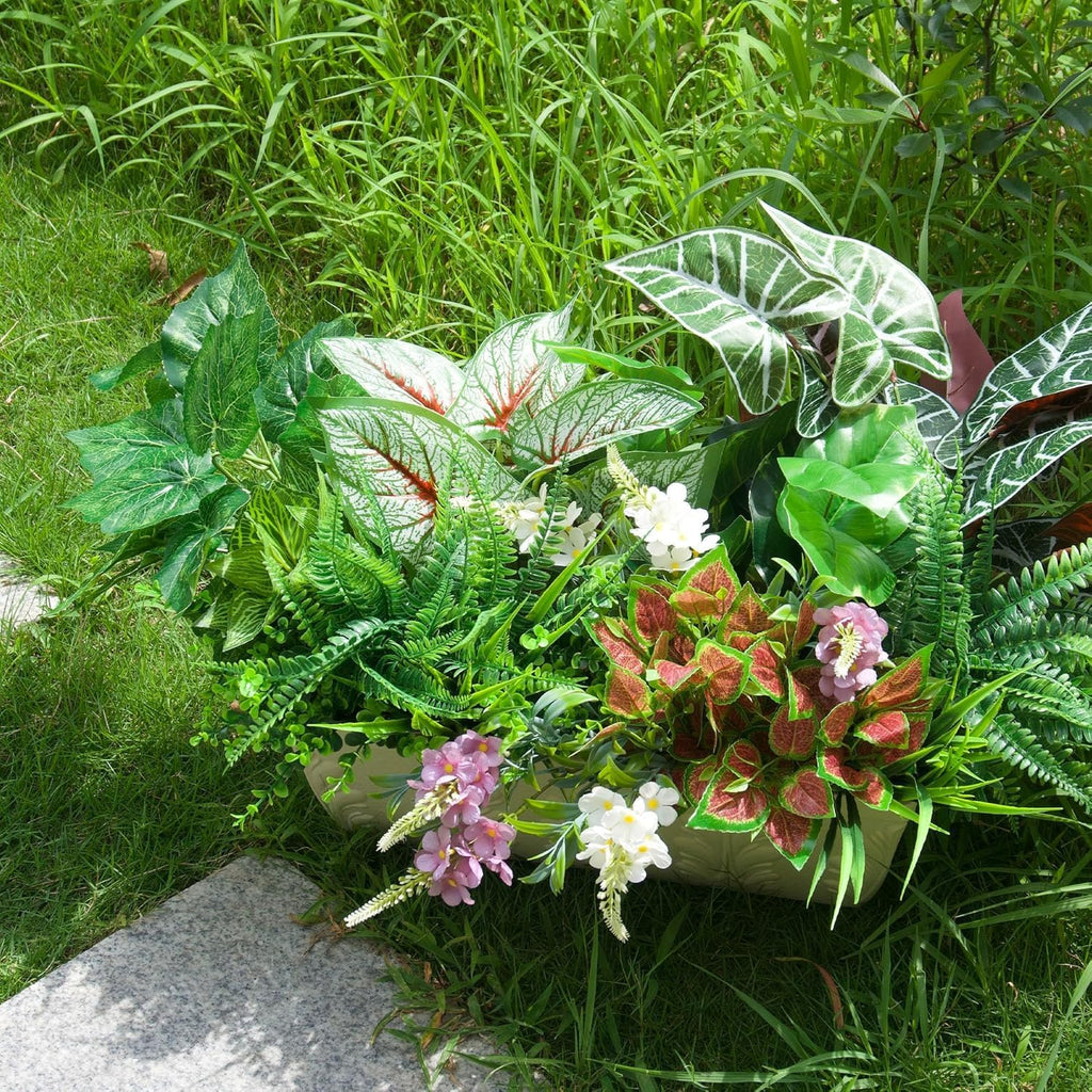 20Pcs Artificial Plants Outdoor Fake Greenery & Flowers Faux Plastic Bushes Leaves UV Resistant for Outdoor Planters Porch Garden Patio Front Porch Window Box Farmhouse Wedding Decor