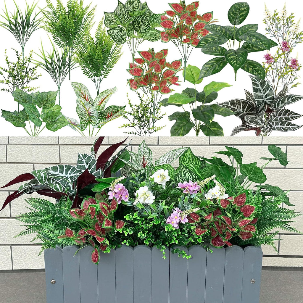 20Pcs Artificial Plants Outdoor Fake Greenery & Flowers Faux Plastic Bushes Leaves UV Resistant for Outdoor Planters Porch Garden Patio Front Porch Window Box Farmhouse Wedding Decor
