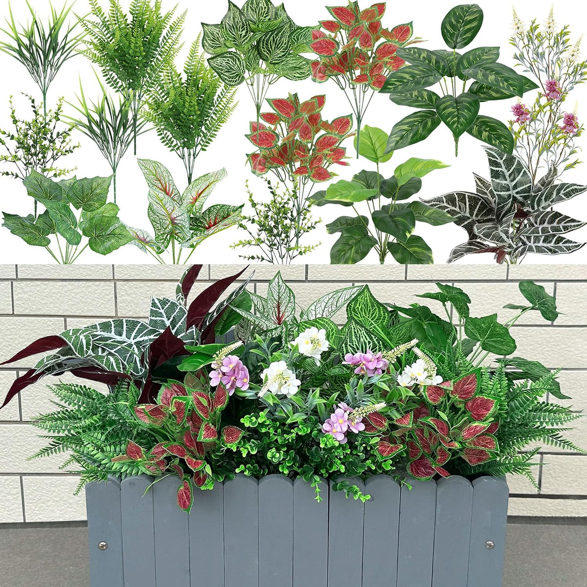 20Pcs Artificial Plants Outdoor Fake Greenery & Flowers Faux Plastic Bushes Leaves UV Resistant for Outdoor Planters Porch Garden Patio Front Porch Window Box Farmhouse Wedding Decor