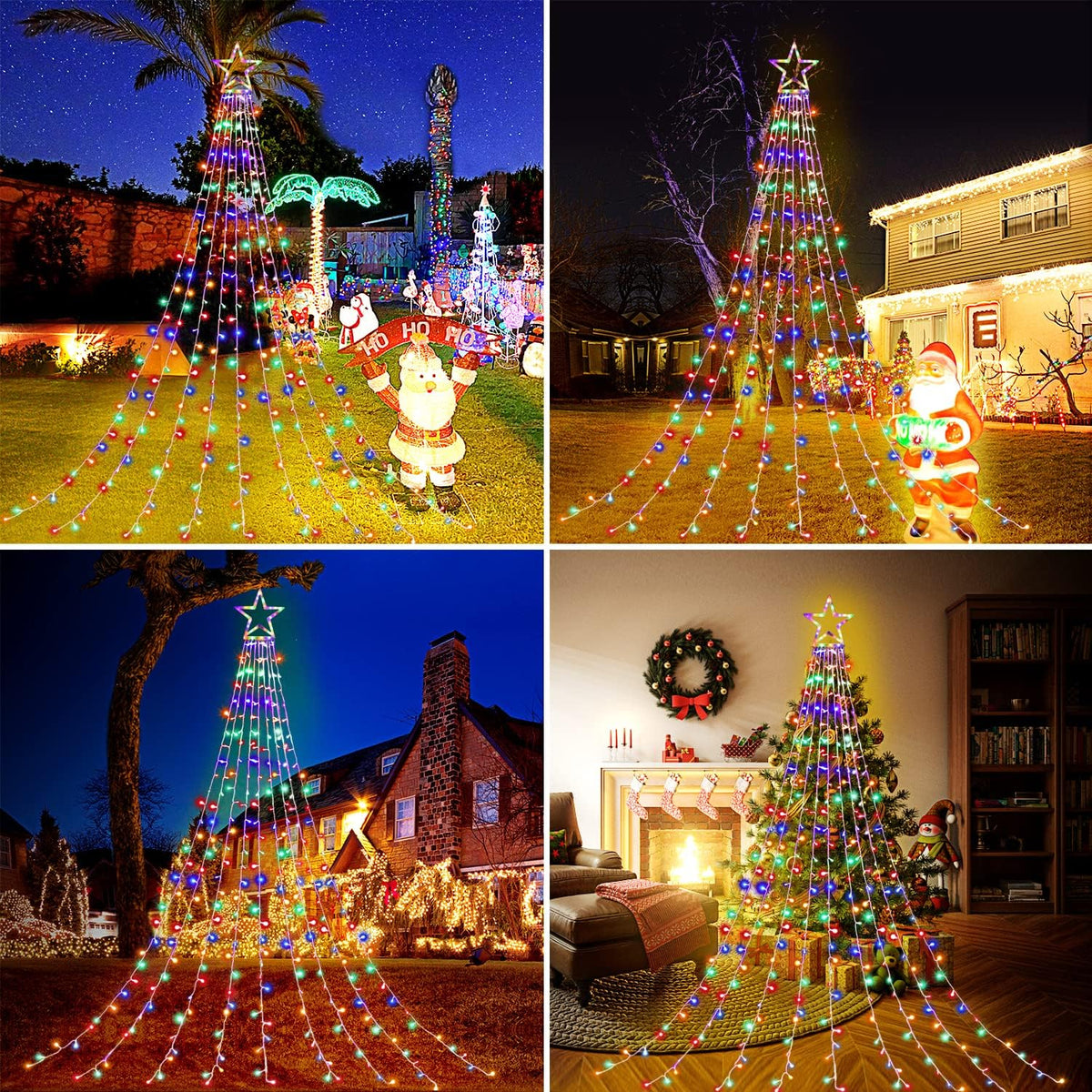 (New) Christmas Lights, Outdoor Christmas Decorations, 320 LED Waterfall String Lights, 8 Light Modes Chrsitmas Lights with 12" Star Tree Topper for Yard, Party, New Year (Multicolor)