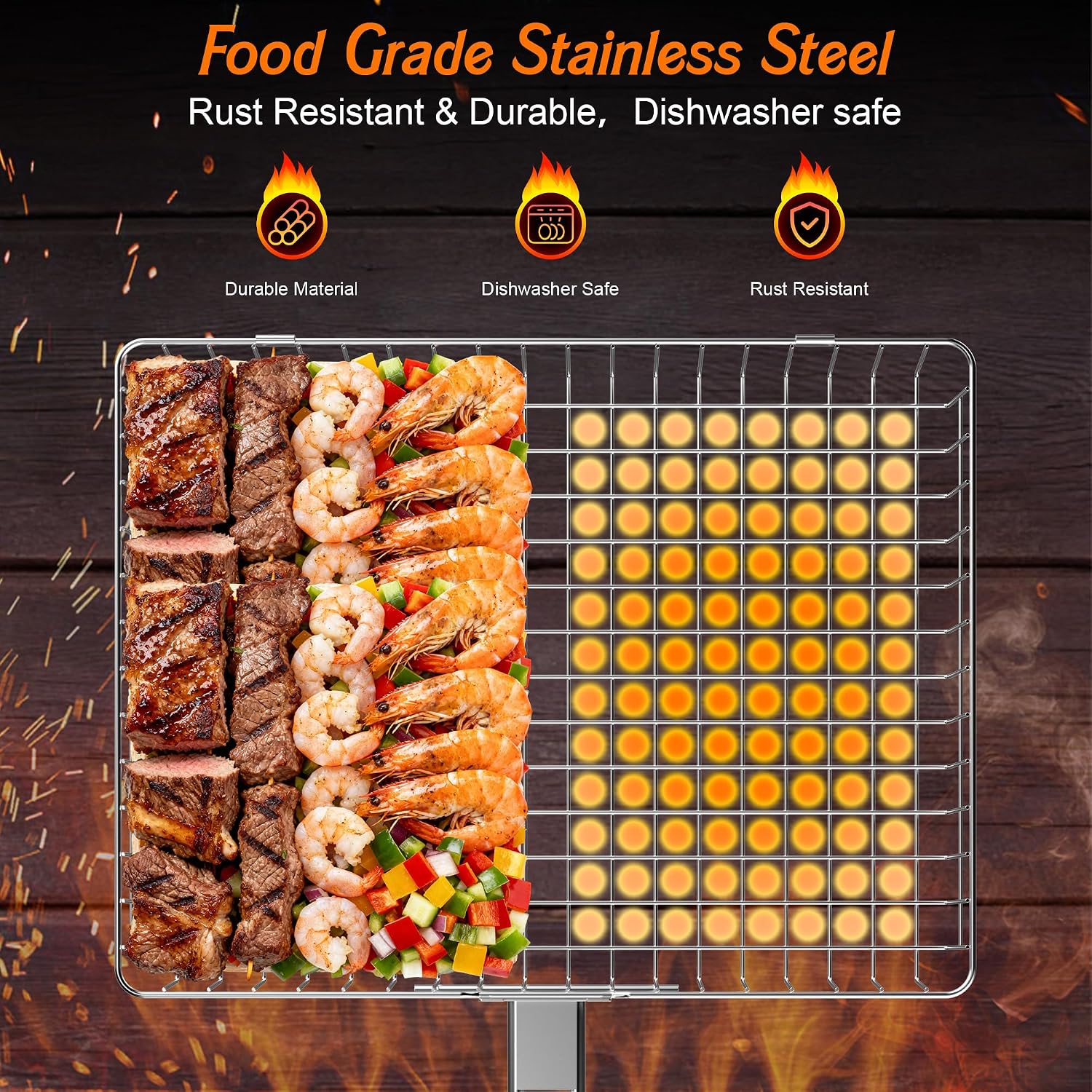 Grill Baskets for Outdoor Grill,Removable Wooden Handle,2PCS | Stainless Steel BBQ Grilling Basket,Camping Cooking Accessories for Meat Fish Vegetable Seafood, Gifts for Men Dad Husband