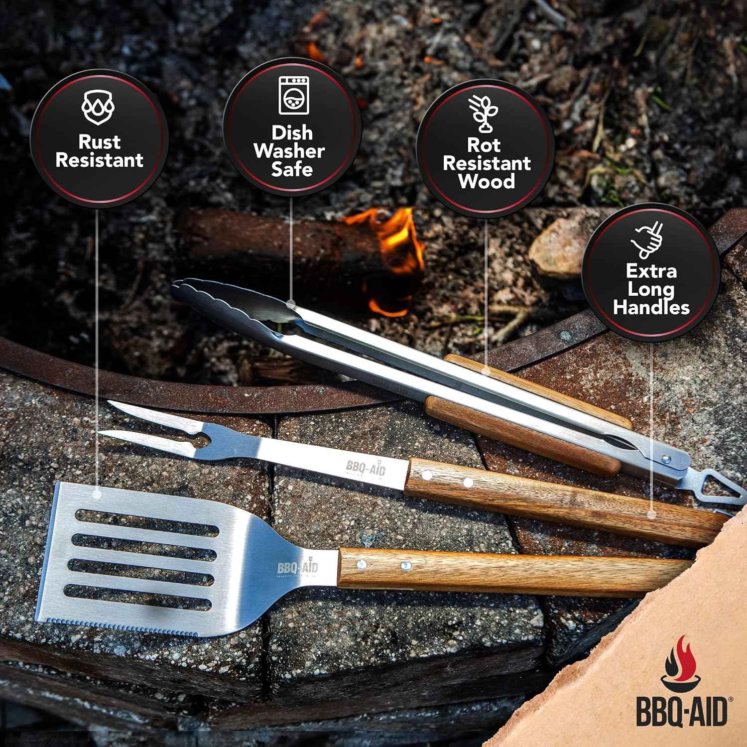 3 piece BBQ Grilling Accessories Set - BBQ Tongs Spatula Fork Set - Heavy Duty Stainless Steel Barbecue Grill Tools with Solid Hard Wood Handles Great Gift Set