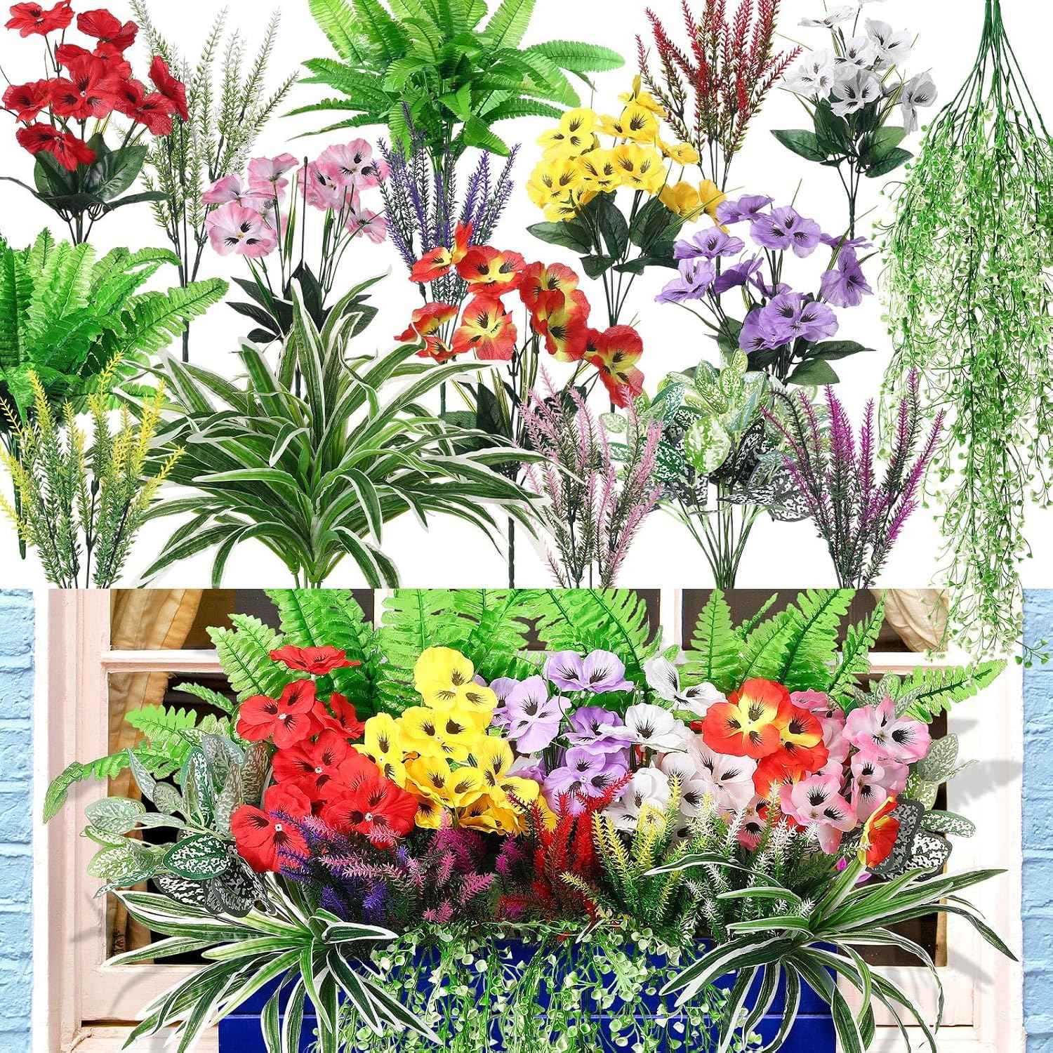Daifunli 24 Pcs Artificial Plants for Outdoor, Fake Flowers Greenery UV Resistant Faux Plant Stems Shrubs Hanging Porch Patio Garden Window Box Home Wedding Summer Spring Decor(Mix Color)