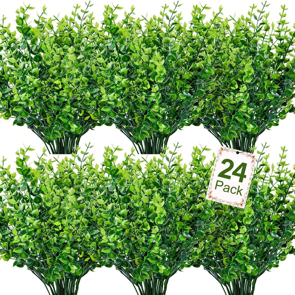 Ouddy Decor 24 Bundles Artificial Greenery Stems Fake Plants Outdoor Decor | Faux plastic boxwood shrubs, UV resistant, for kitchen office garden porch farmhouse planters patio window box home decor