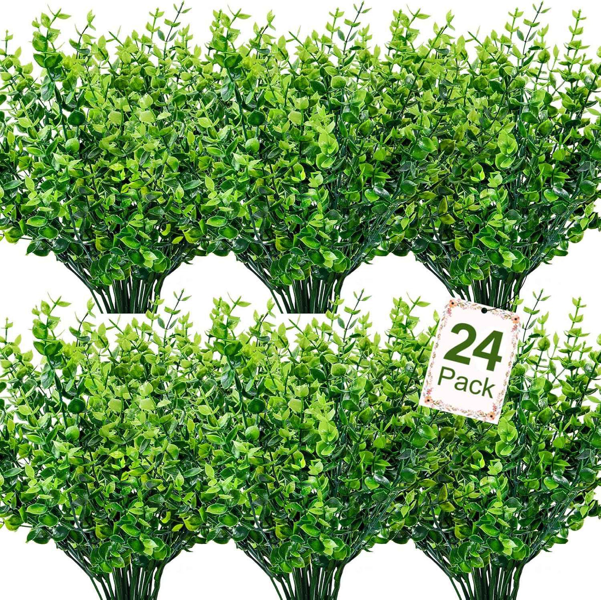 Ouddy Decor 24 Bundles Artificial Greenery Stems Fake Plants Outdoor Decor | Faux plastic boxwood shrubs, UV resistant, for kitchen office garden porch farmhouse planters patio window box home decor