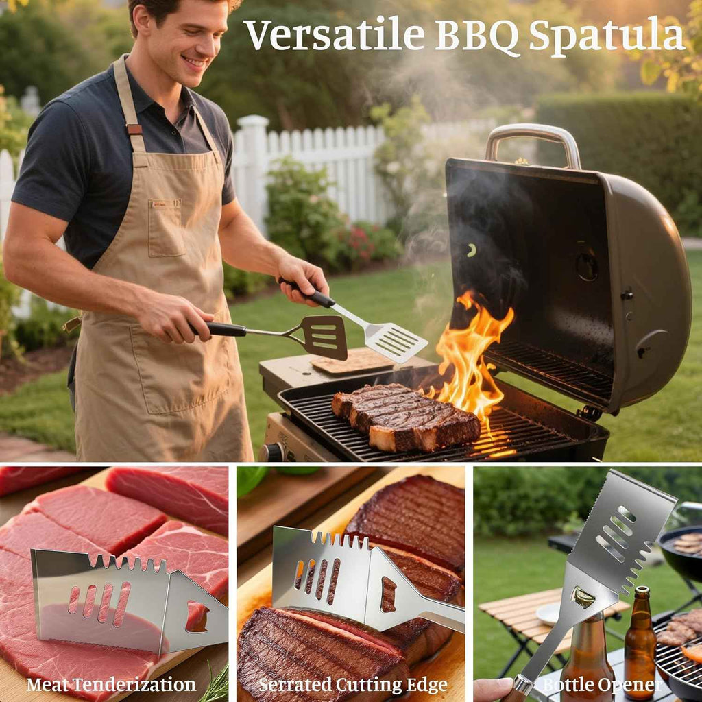 BBQ Grill Accessories, Stainless Steel Grilling Set with Storage Bag, Spatula, Fork, Cleaning Brush BBQ Accessories, Grill Tools Set for Outdoor Cooking Camping, Grilling Gifts for Men