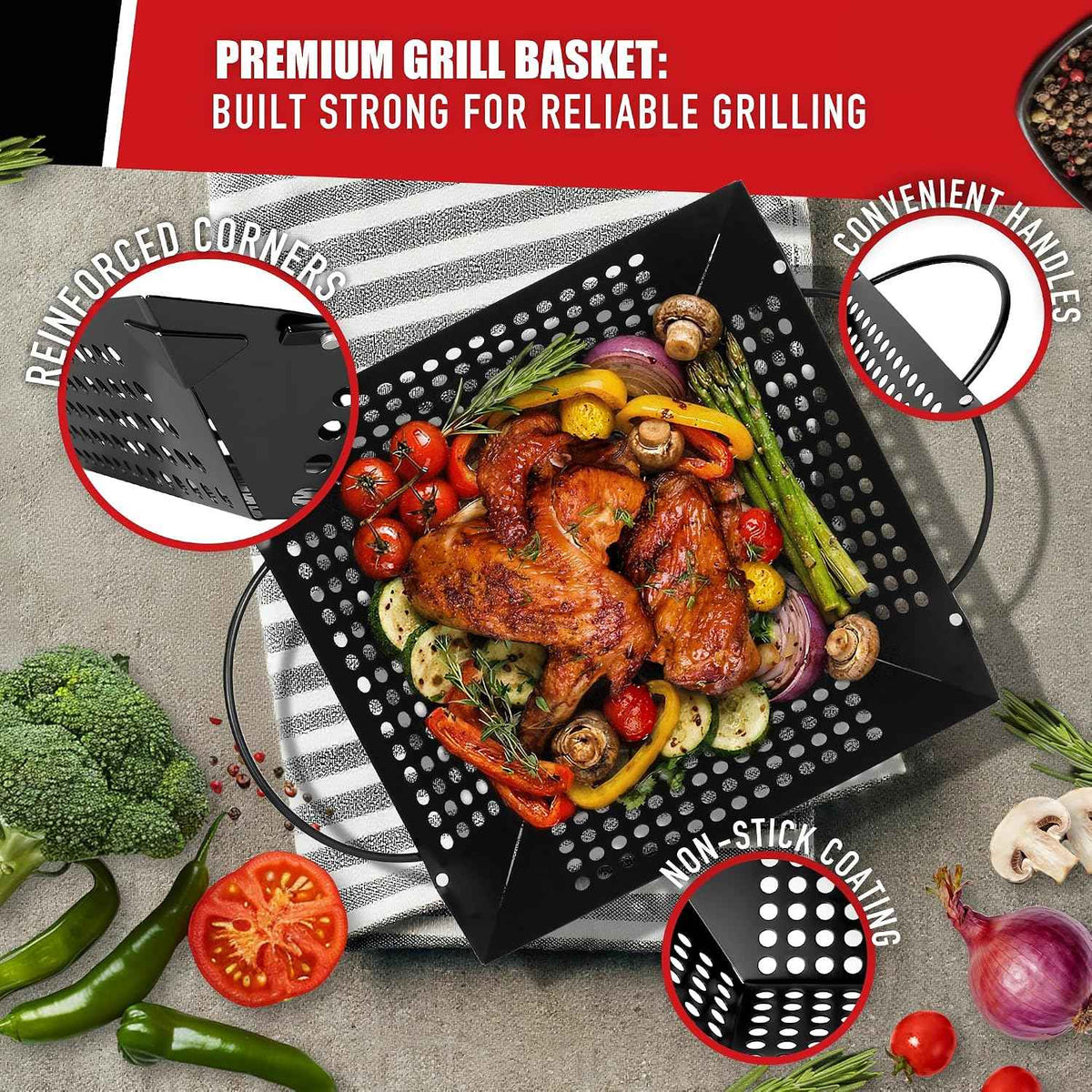 Qetumst Large 3 PCS Grill Basket Set for Outdoor Grill, Veggie Grilling Pan | Heavy duty grilling accessories. Vegetable grill baskets for veggies, seafood & meat. Warp resistant grill pan with handles.