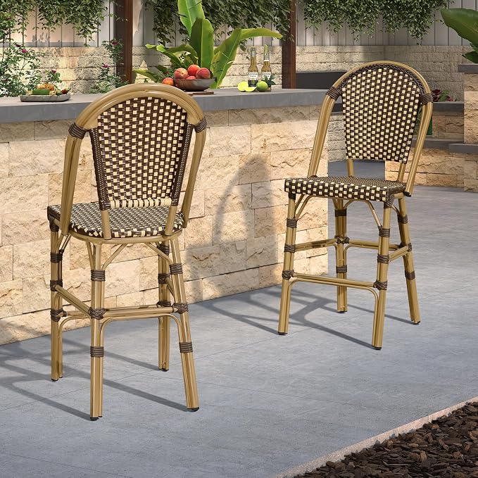 PURPLE LEAF French Bar Stool Set of 2 Bamboo Print Finish Patio Bar Stools - Image 3