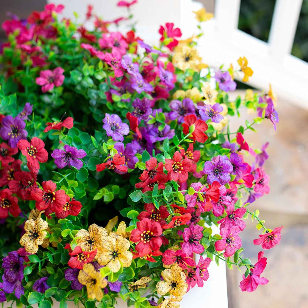 Daisy Artificial Flowers for Outdoors Decor, 12 Bundles Faux Daisy with Eucalyptus Fake Plants Greenery UV Resistant Look Real Colorful Faux Flowers for Outside Planter Porch Patio Yard Gardens, Mix