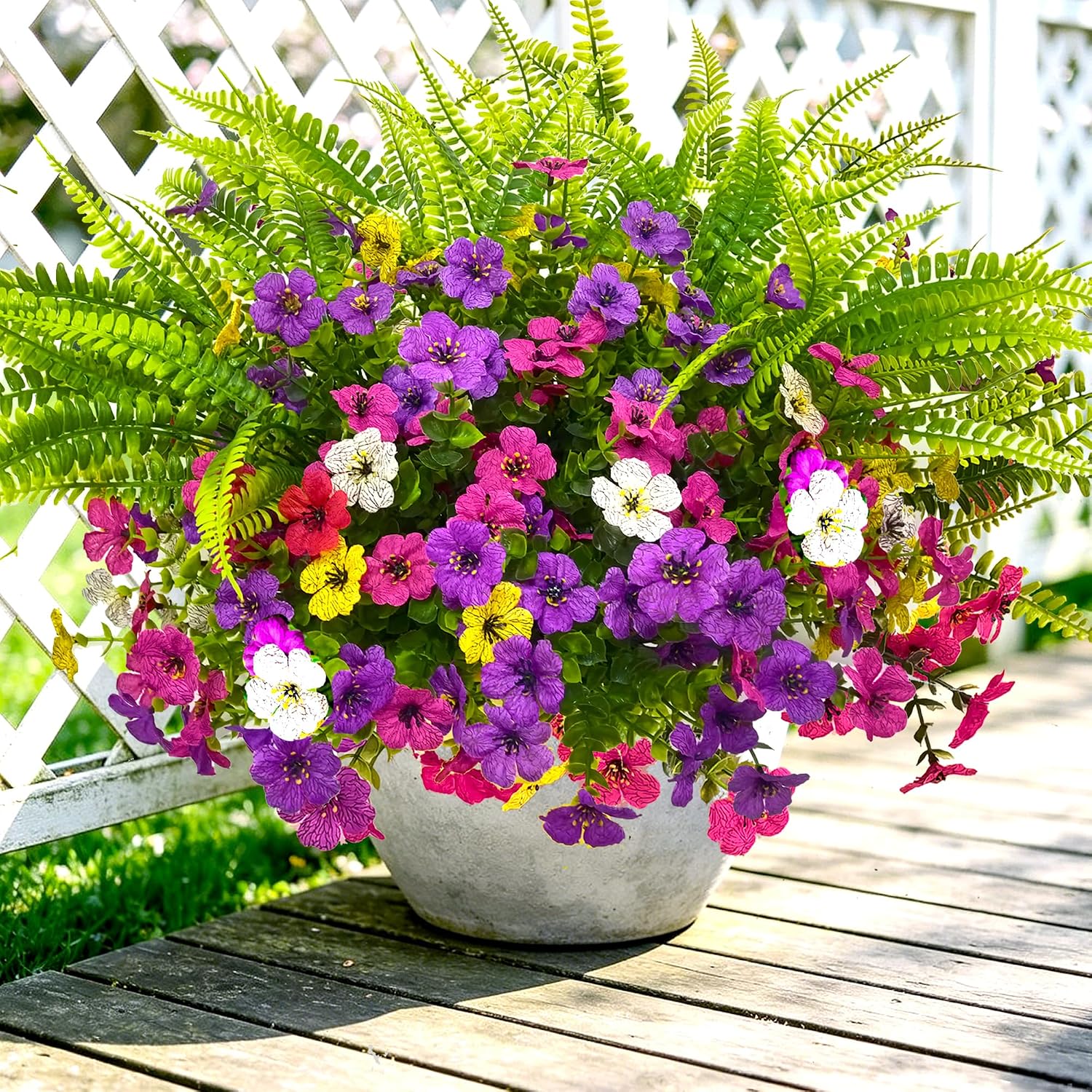 Artificial Fake Flowers for Outdoors,16 Bundles Artificial Plants Outdoor Faux Plants UV Resistant, Realistic Faux Silk Flower 6 Colors Spring Summer Decor for Porch Outside Planter Window Box