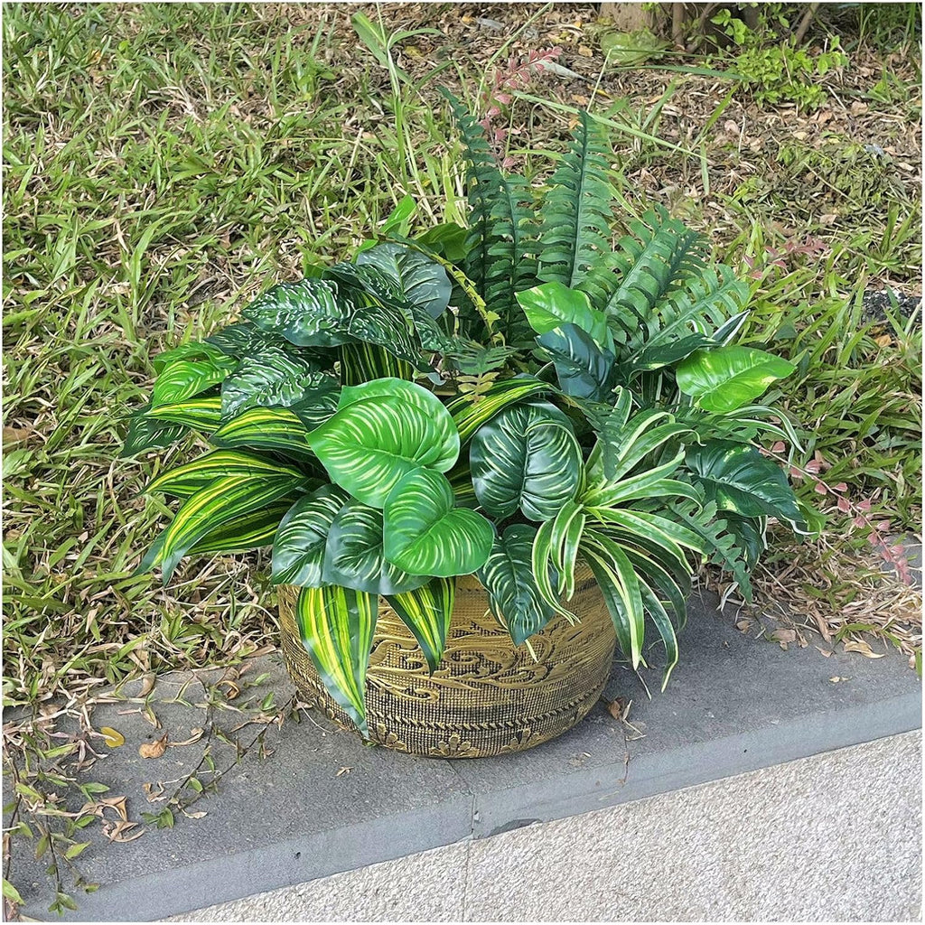 Large Realistic Faux Outdoor Plants, Artificial Greenery Set | Silk Leaves, UV Resistant Plastic Stems, Patio, Porch, Garden Decor, Lifelike Plants for Planters and Front Door Decorations