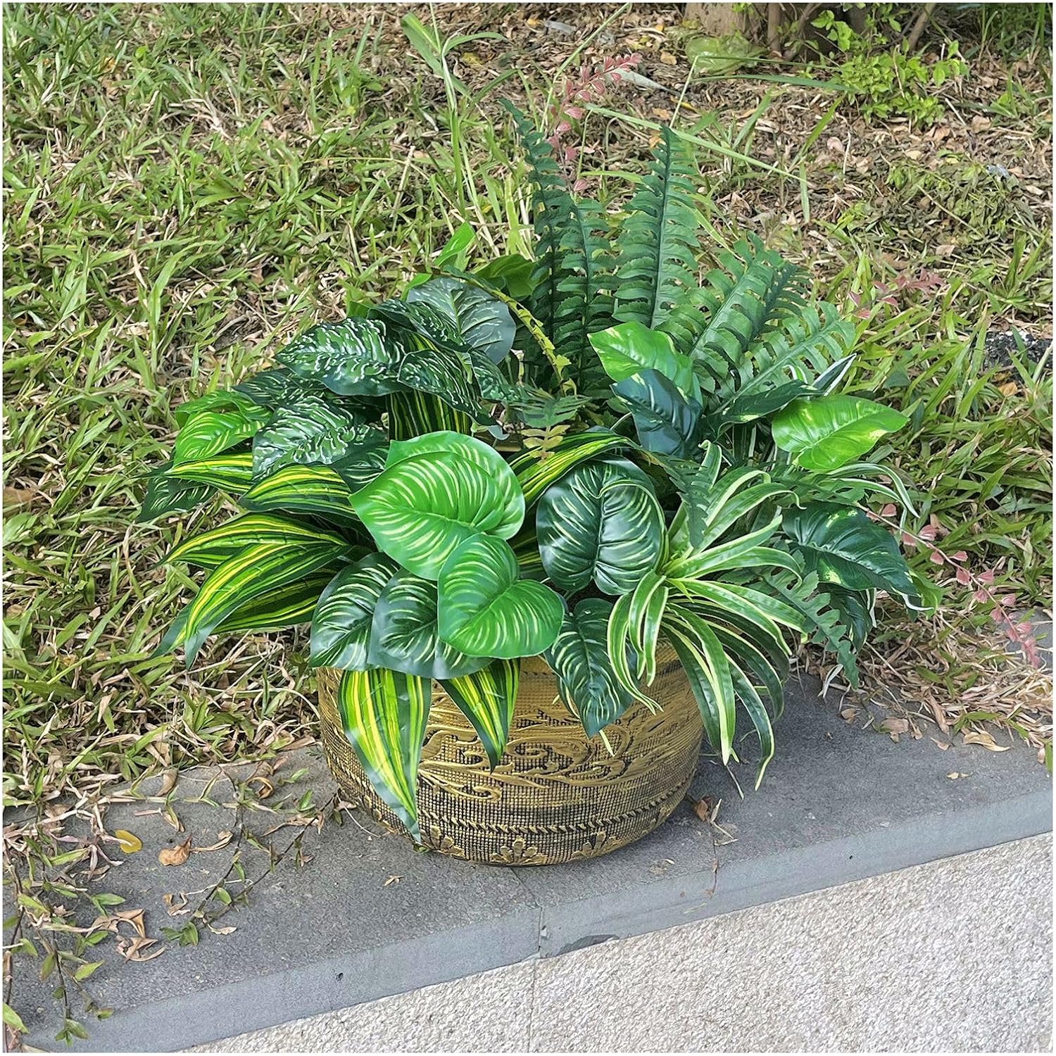 Large Realistic Faux Outdoor Plants, Artificial Greenery Set | Silk Leaves, UV Resistant Plastic Stems, Patio, Porch, Garden Decor, Lifelike Plants for Planters and Front Door Decorations